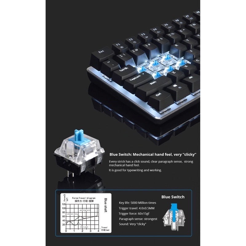 Ajazz Geek AK33 Backlit Usb Wired Gaming Mechanical Keyboard Blue Black  Switch